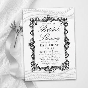 Invitación Perlas de Encaje Negras Blancas Clásicas Elegantes
