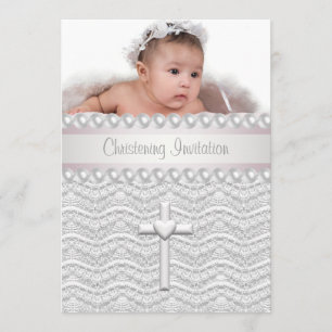 Invitación Perlas de encaje rosa Cruz Niña Foto Bautizo