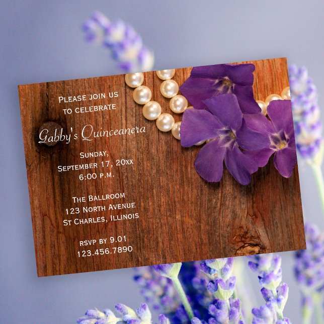 Invitación Perlas de flores rusticas púrpuras Quinceanera (Subido por el creador)