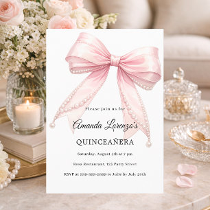 Invitación Perlas de lazo rosa elegante Quinceañera lujo