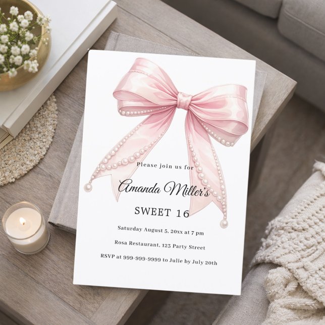 Invitación Perlas de lazo rosa elegantes Sweet 16 lujo (Subido por el creador)