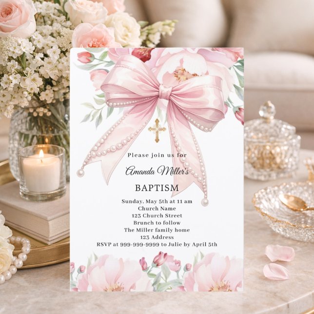 Invitación Perlas de lazo rosa florales niña Bautizo (Subido por el creador)