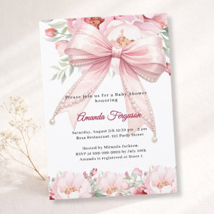 Invitación Perlas de lazo rosa florales niña elegante Baby Sh