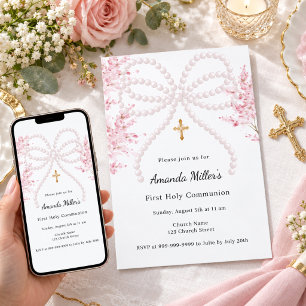 Invitación Perlas de lazo rosa florales niña Primera Comunión