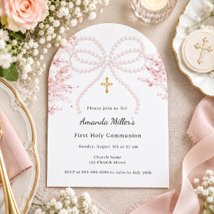 Invitación Perlas de lazo rosa flores niña Primera Comunión A