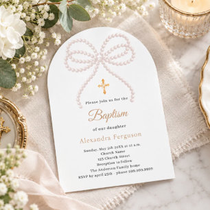 Invitación Perlas de lazo rosa niña Bautizo arco
