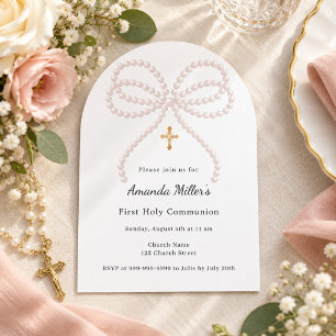 Invitación Perlas de lazo rosa niña Primera Comunión Arco