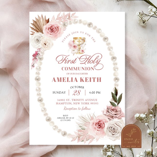 Invitación Perlas de lazo rosa Primera Comunión Bautizo (Subido por el creador)