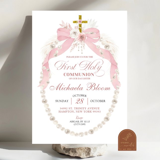 Invitación Perlas de lazo rosa Primera Comunión Bautizo (Subido por el creador)