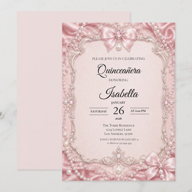 Invitación Perlas de Lujo Rosa Brillo Quinceañera (Anverso / Reverso)