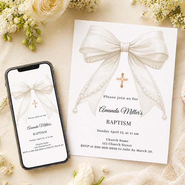 Invitación Perlas de marfil Bow Niña Elegante Bautizo (Subido por el creador)