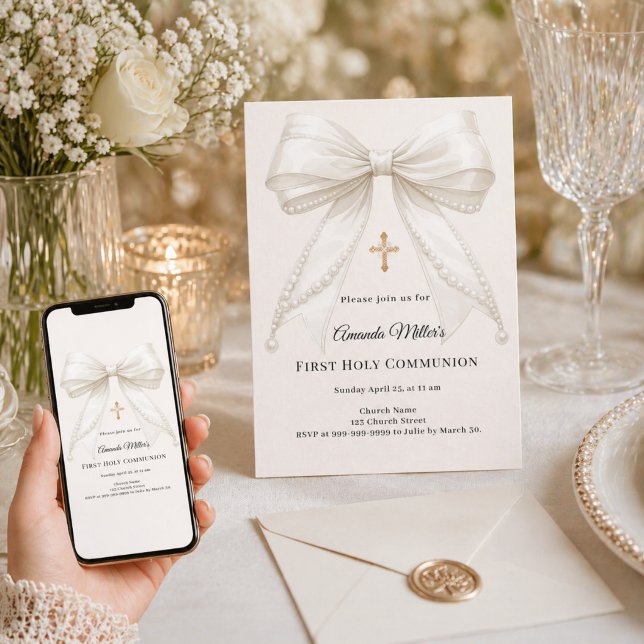 Invitación Perlas de marfil de arco niña elegante Primera Com (Subido por el creador)