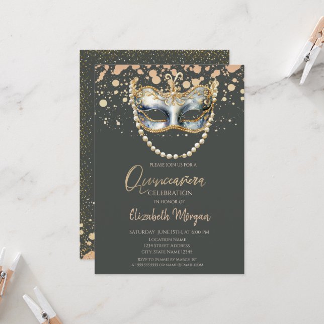 Invitación Perlas de Masque, Confeti Máscara de Quinceañera (Anverso/Reverso In Situ)