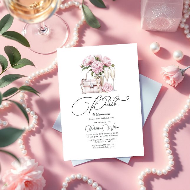Invitación Perlas de moda y ducha de novia floral rosada Pros (Chic Pearls and Prosecco Pink Floral Bridal Shower Invitation)