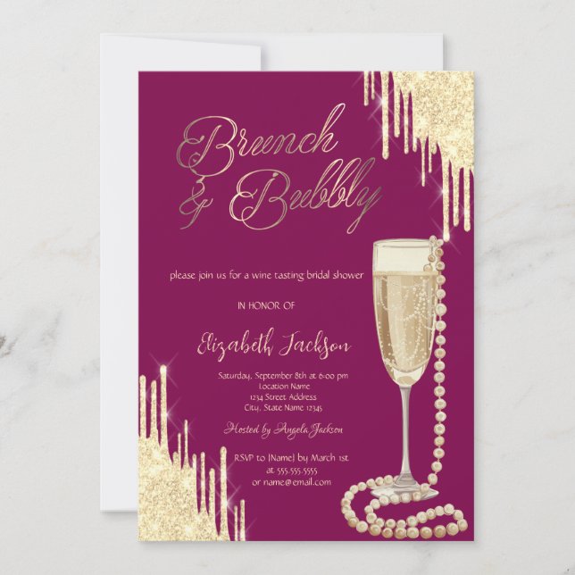 Invitación Perlas De Oro Estilizadas Ducha De Novias Prosecco (Anverso)