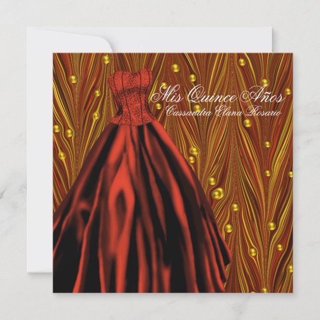 Invitación Perlas de oro Rojo Vestido Oro Rojo Quinceanera (Anverso)
