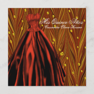 Invitación Perlas de oro Rojo Vestido Oro Rojo Quinceanera