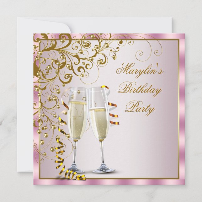 Invitación Perlas de oro rosa Fiesta de cumpleaños de mujer (Anverso)