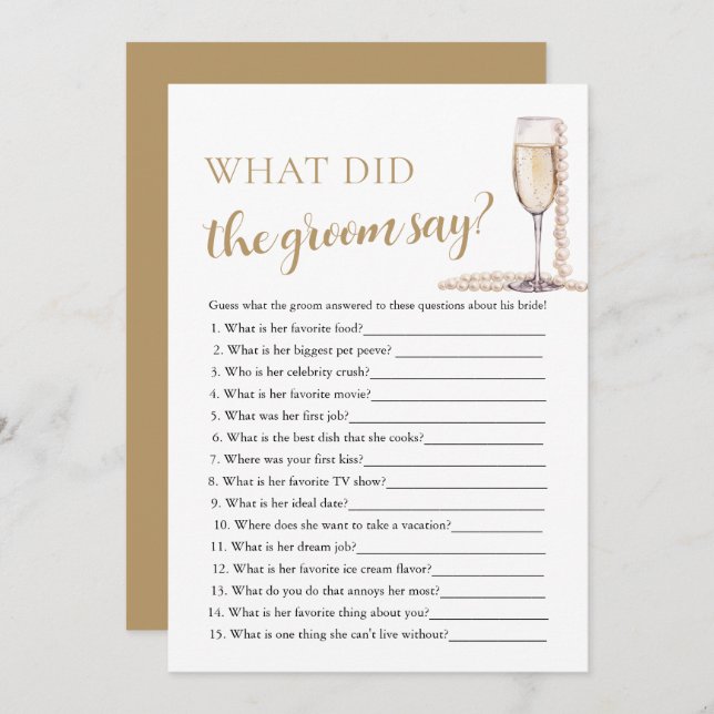 Invitación Perlas de oro y prosecco ¿Qué dijo el novio? (Anverso / Reverso)