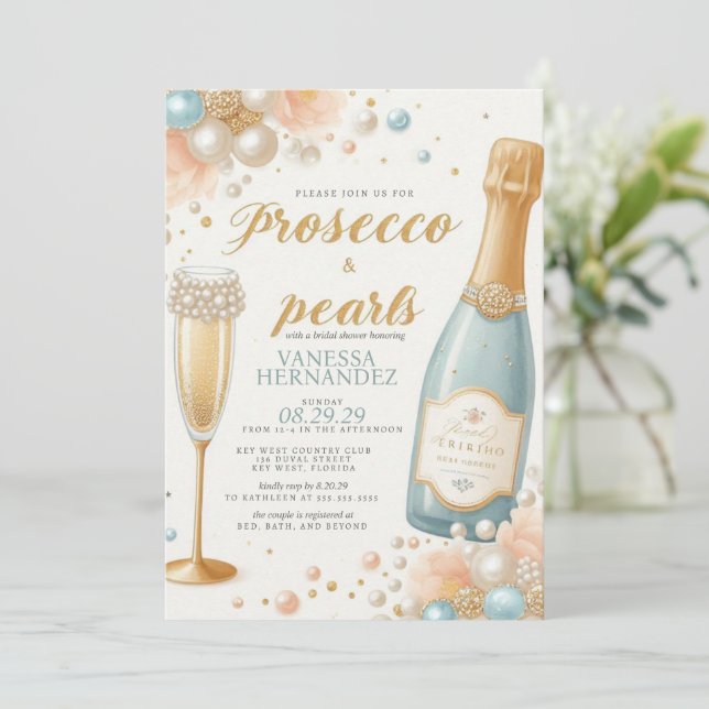Invitación Perlas de Peach y Ducha Bridal Prosecco (Anverso de pie)