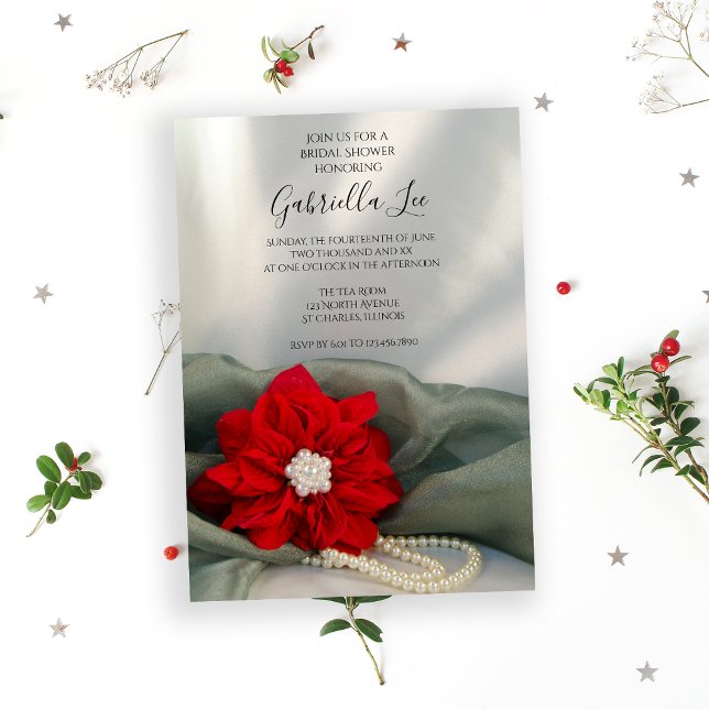 Invitación Perlas de Poinsettia en la ducha verde de novias d (Invite guests to your December event with the Poinsettia and Pearls Winter Bridal Shower Invitation.)