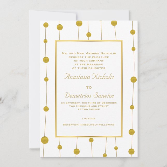 Invitación perlas de Relieve metalizado dorado y boda moderno (Anverso)