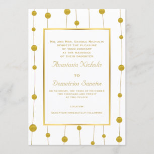 Invitación perlas de Relieve metalizado dorado y boda moderno