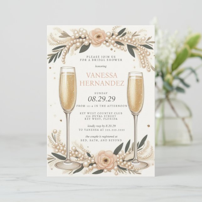 Invitación Perlas de Rubor y ducha de novia en Prosecco (Anverso de pie)