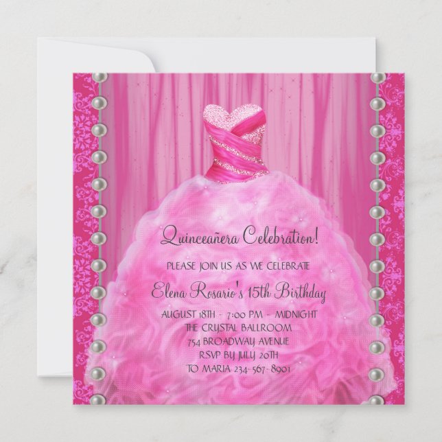 Invitación Perlas de vestido de fiesta Rosa Brillante Invitac (Anverso)