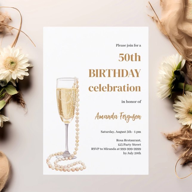 Invitación Perlas de vino con burbujas de oro blanco de cumpl (Subido por el creador)