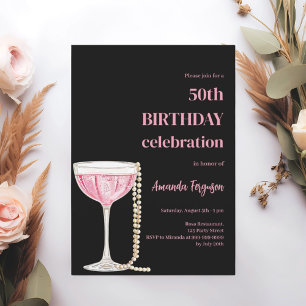 Invitación Perlas de vino espumoso color rosa negro de cumple