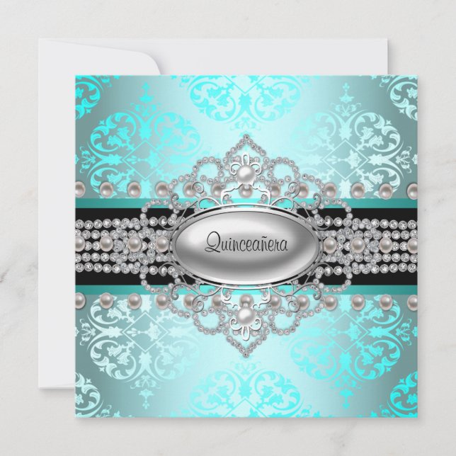 Invitación Perlas Diamonds Verde azulado Blue Quinceanera (Anverso)