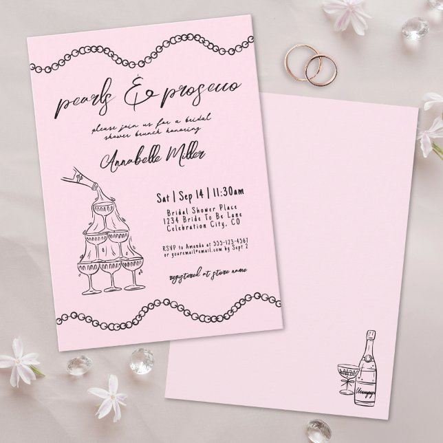 Invitación Perlas Dibujadas a Mano Despedida de Soltera con P (Hand Drawn Pearls Whimsical Prosecco Bridal Shower Invitation)