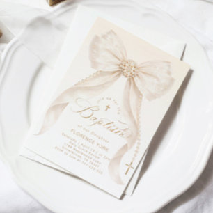 Invitación Perlas Dorado Lazo Niña Bautizo Religioso