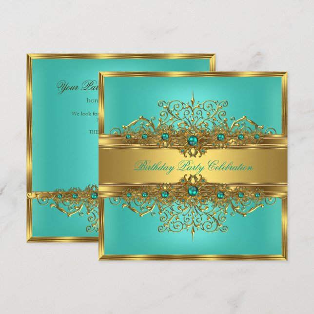 Invitación Perlas Elegantes de Encaje Dorado Verde Jade Turqu (Anverso / Reverso)