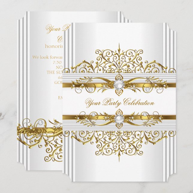 Invitación Perlas Elegantes de Oro Blanco Fiesta de Cumpleaño (Anverso / Reverso)