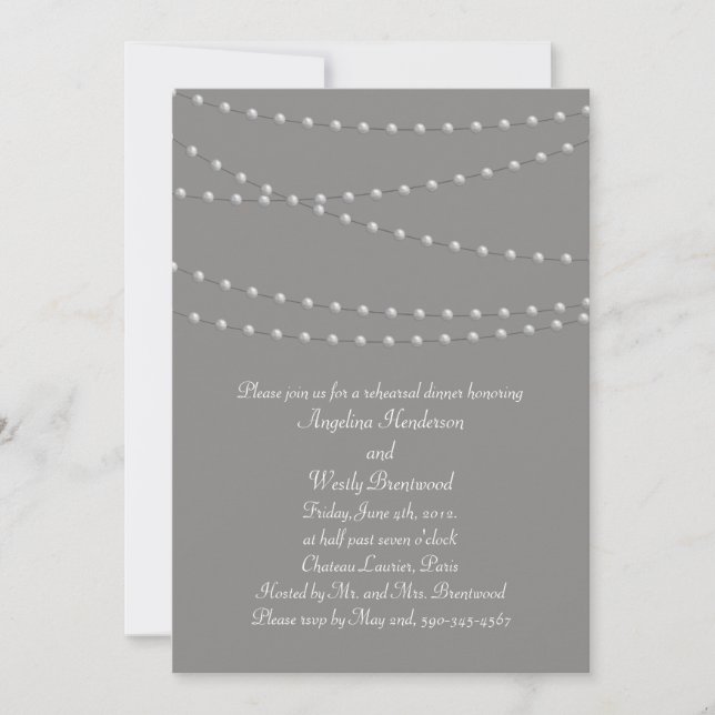 Invitación Perlas elegantes en la cena de ensayo gris (Anverso)