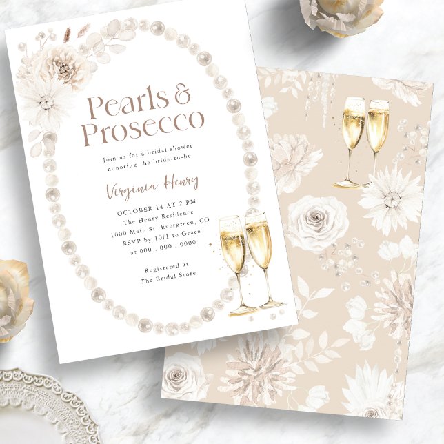 Invitación Perlas Elegantes y Brindis de Prosecco para Desped (Elegant Pearls and Prosecco Bridal Shower Invitation
)