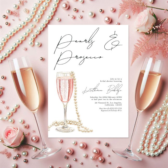 Invitación Perlas elegantes y ducha de novia del Prosecco (Elegant Pearls and Prosecco Bridal Shower Invitation)