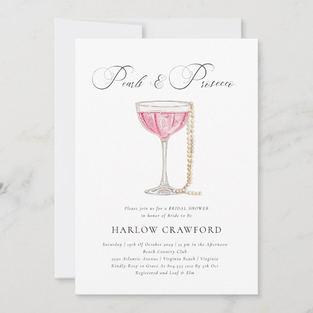 Invitación Perlas elegantes y ducha de novia del Prosecco (Anverso)
