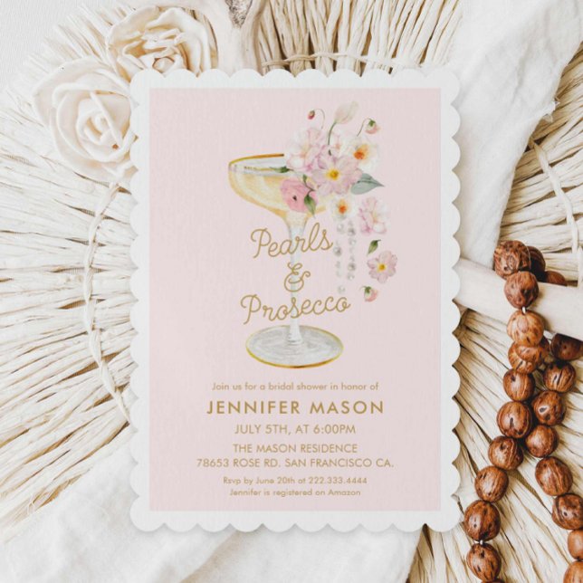 Invitación Perlas elegantes y ducha de novias rosadas Prosecc (Pearls and Prosecco Bridal Shower Invite)