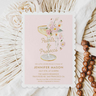 Invitación Perlas elegantes y ducha de novias rosadas Prosecc