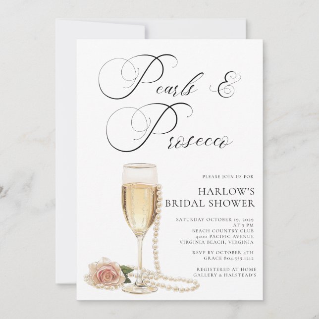 Invitación Perlas elegantes y Invita Bridal Prosecco (Anverso)