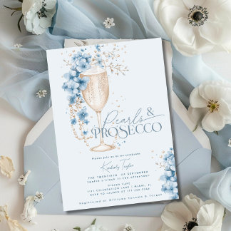 Invitación Perlas Florales Azules y Ducha Bridal Prosecco