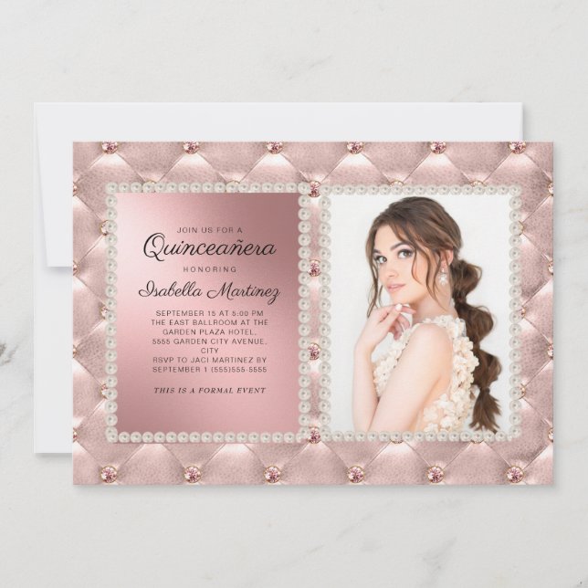 Invitación Perlas fotográficas Glam Pink Rose Gold Quinceañer (Anverso)