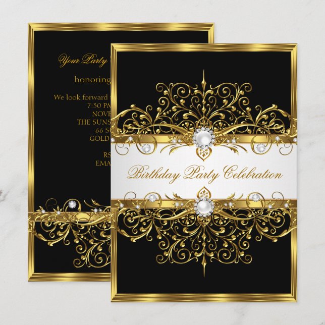 Invitación Perlas Negro Blanco Oro Fiesta de Cumpleaños Elega (Anverso / Reverso)