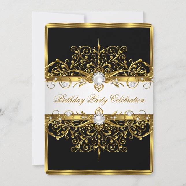 Invitación Perlas Negro Blanco Oro Fiesta de Cumpleaños Elega (Anverso)