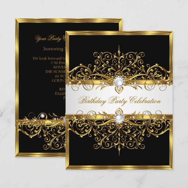 Invitación Perlas Negro Blanco Oro Fiesta de Cumpleaños Elega (Anverso / Reverso)