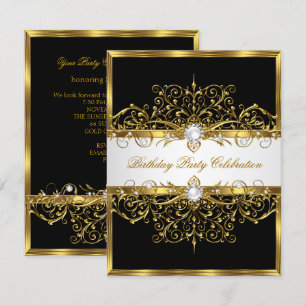 Invitación Perlas Negro Blanco Oro Fiesta de Cumpleaños Elega