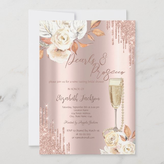 Invitación Perlas Perlas Rosas Prosecco Boho Ducha Nodal (Anverso)